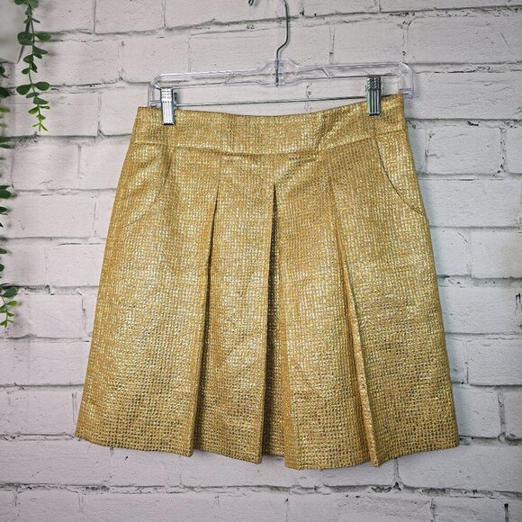 J. CREW GOLD METALLIC FRONT PLEATED LINED SKIRT SIZE 2 - Picture 1 of 7